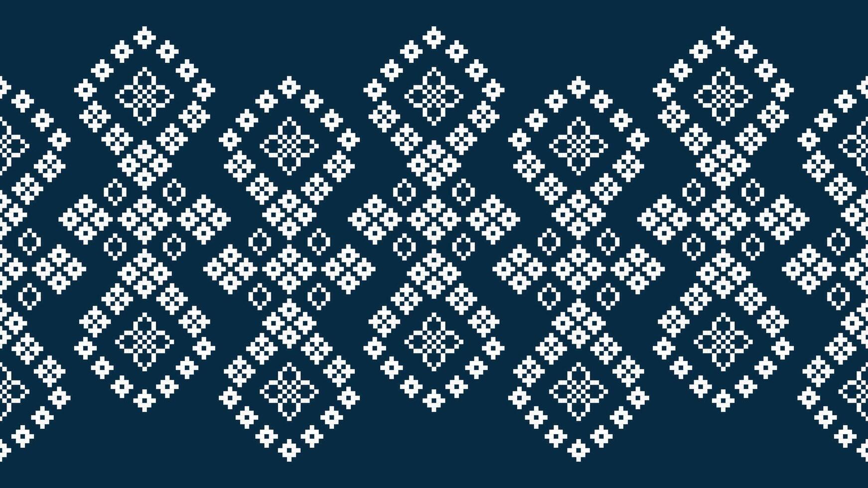 Traditional ethnic motifs ikat geometric fabric pattern cross stitch.Ikat embroidery Ethnic oriental Pixel navy blue background. Abstract,vector,illustration. Texture,scarf,decoration,wallpaper. vector