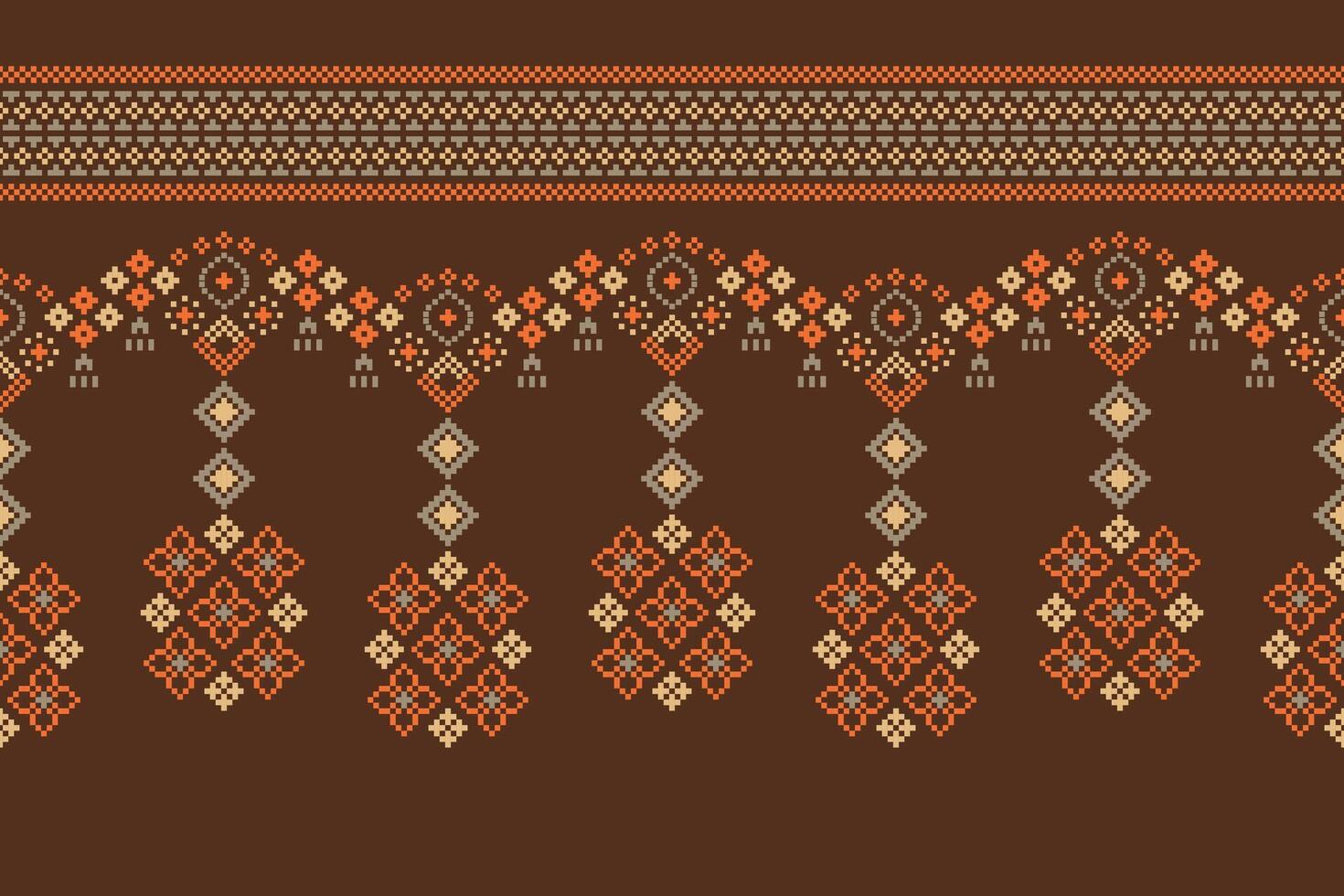 Traditional ethnic motifs ikat geometric fabric pattern cross stitch.Ikat embroidery Ethnic oriental Pixel brown background. Abstract,vector,illustration. Texture,scarf,decoration,wallpaper. vector