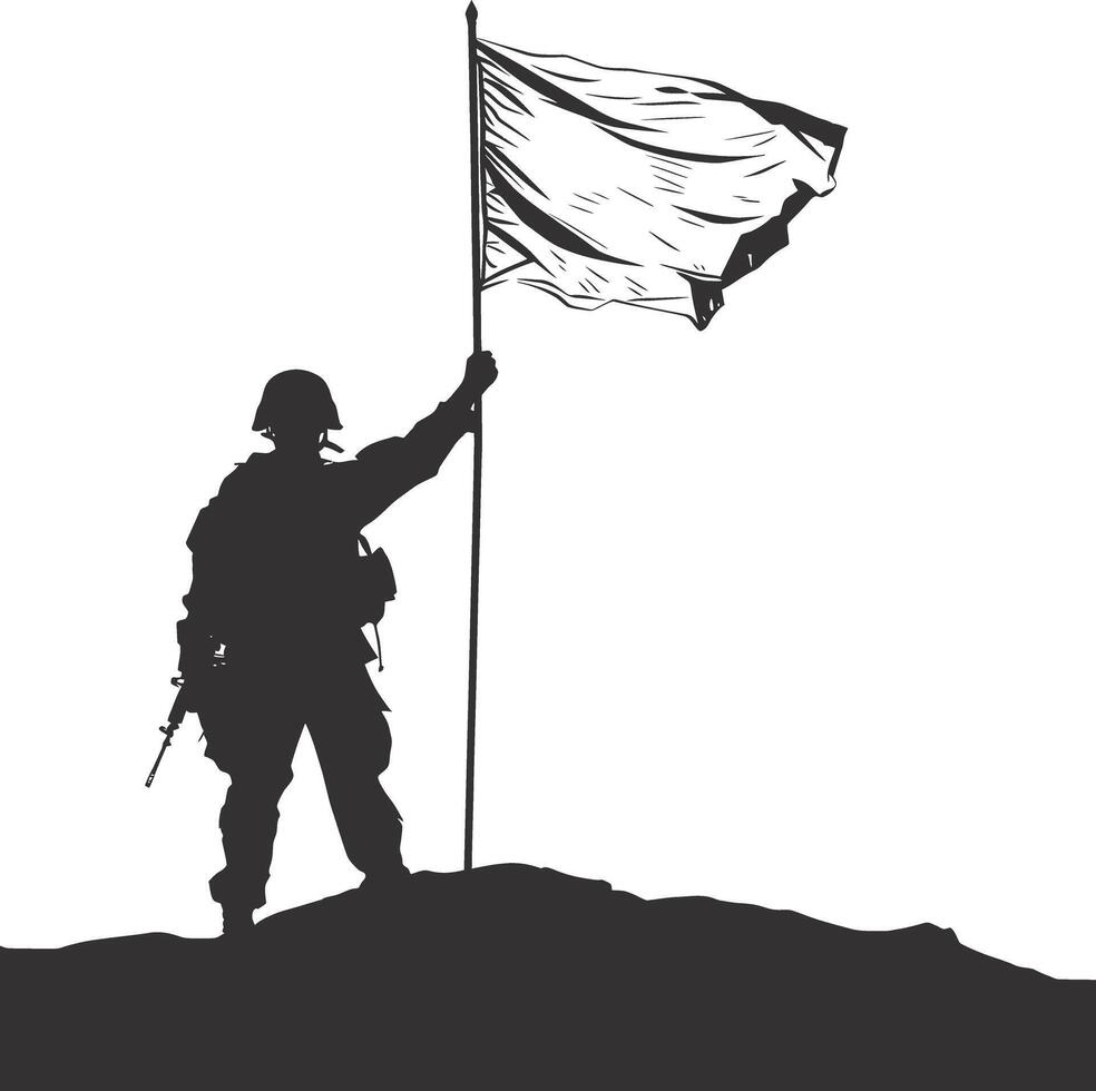 AI generated Silhouette Soldiers or Army pose in front of the white flag black color only vector