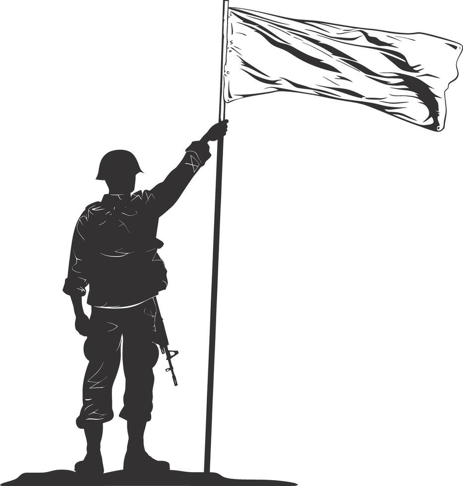 AI generated Silhouette Soldiers or Army pose in front of the white flag black color only vector