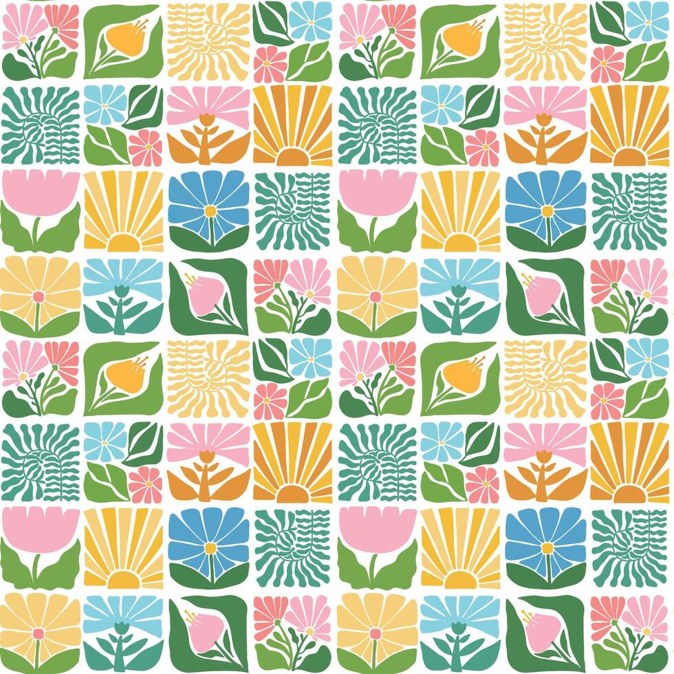 Spring groovy seamless pattern with abstract flowers collage for textile prints, wallpaper, wrapping paper, tablecloth, home decor, nursery, stationary, scrapbooking, etc. EPS 10 vector