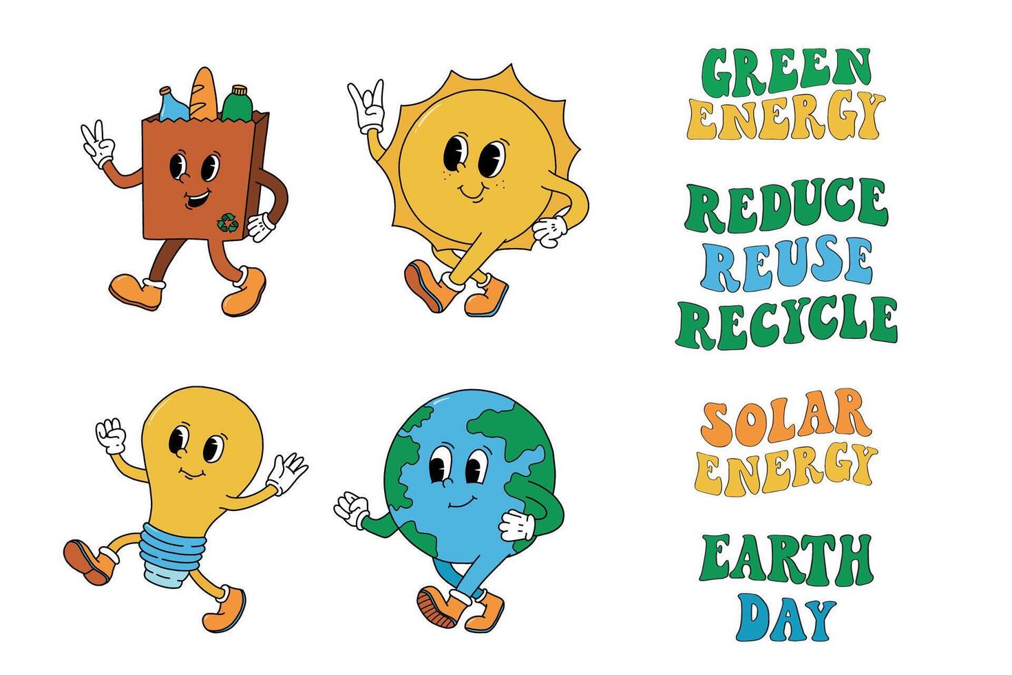 set of retro cartoon characters and groovy lettering quotes for Environment day, Earth day, zero waste. Good for posters, stickers, cards, prints, banners, sublimation, etc. EPS 10 vector