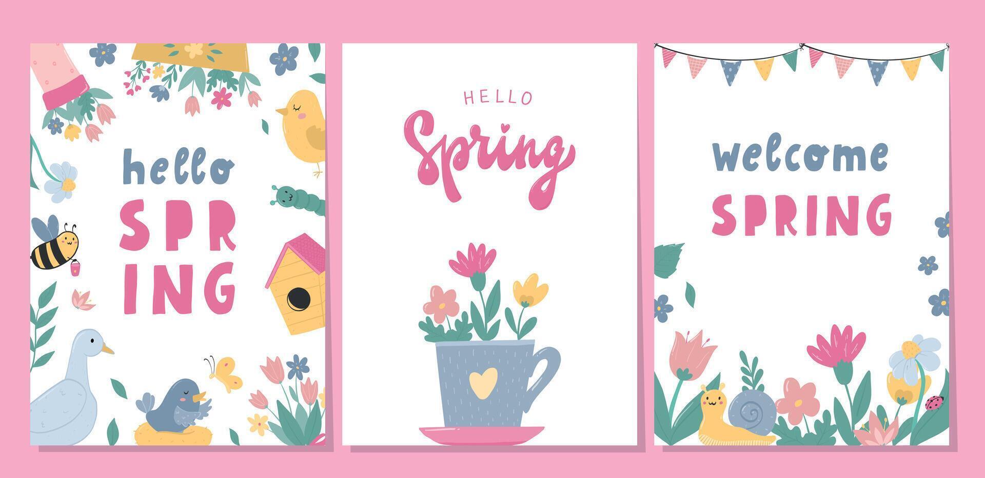 Spring cards, posters, prints, invitations with doodles and lettering quotes. Spring flowers, cartoon elements, templates, etc. EPS 10 vector