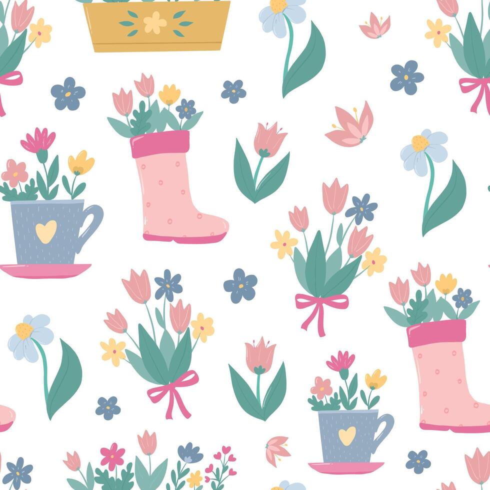 Spring floral seamless pattern with garden flowers, bouquets and pots. Wallpaper, nursery textile print, packaging, wrapping paper, scrapbooking, etc. EPS 10 vector