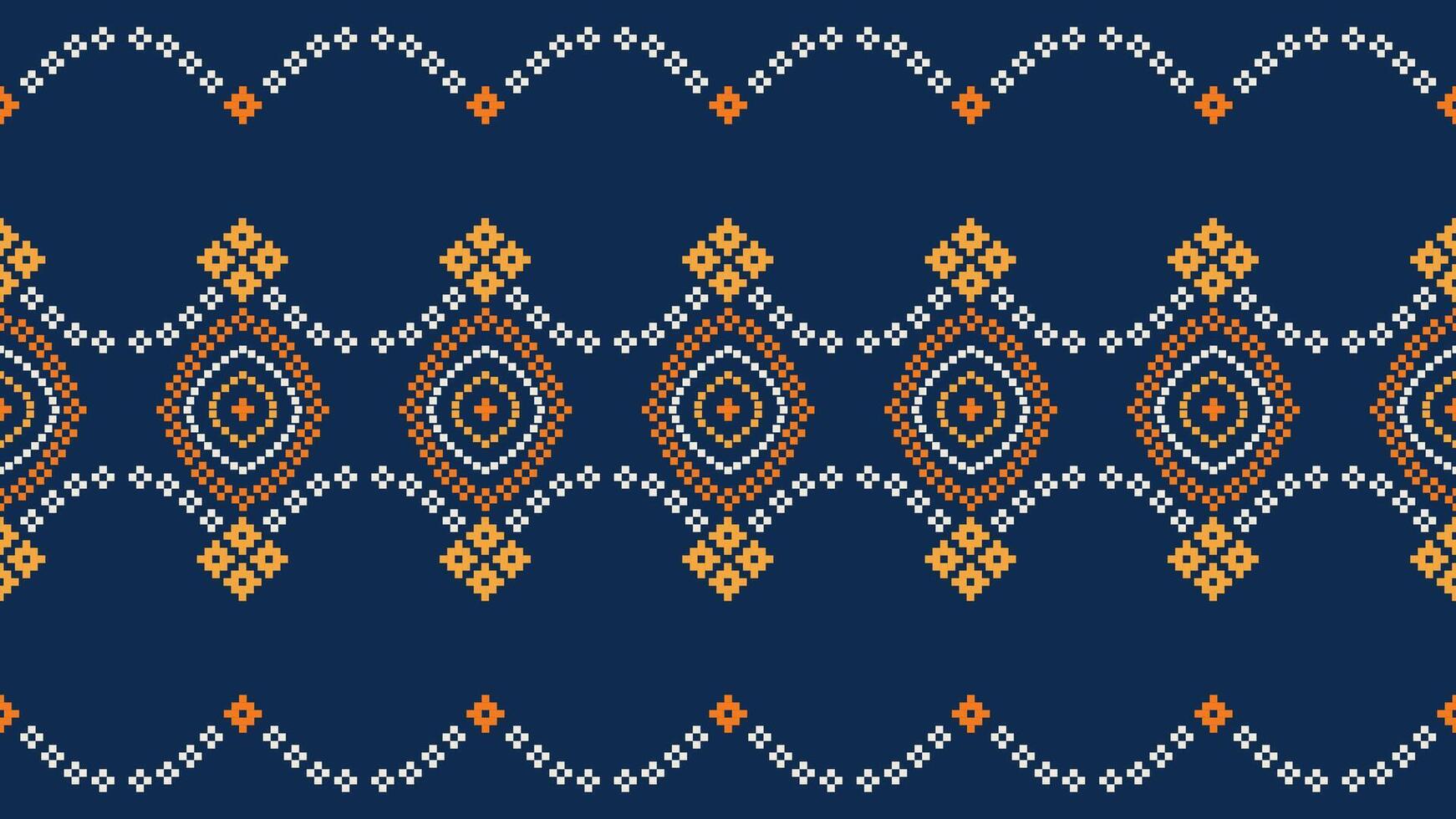 Traditional ethnic motifs ikat geometric fabric pattern cross stitch.Ikat embroidery Ethnic oriental Pixel navy blue background. Abstract,vector,illustration. Texture,scarf,decoration,wallpaper. vector