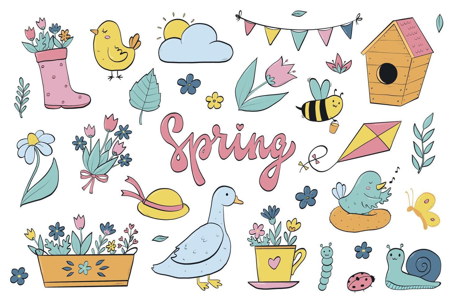 Spring doodles collection, spring cartoon elements for stickers, clip art, prints, cards, posters, banners, signs, icons, etc. EPS 10 vector