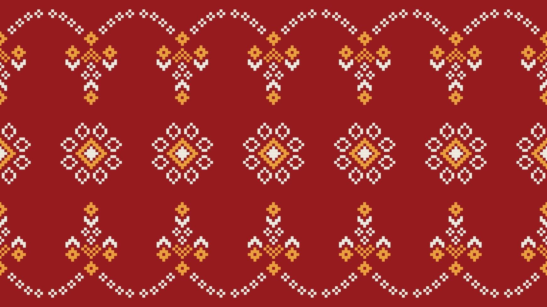 Traditional ethnic motifs ikat geometric fabric pattern cross stitch.Ikat embroidery Ethnic oriental Pixel red background. Abstract,vector,illustration. Texture,christmas,decoration,wallpaper. vector