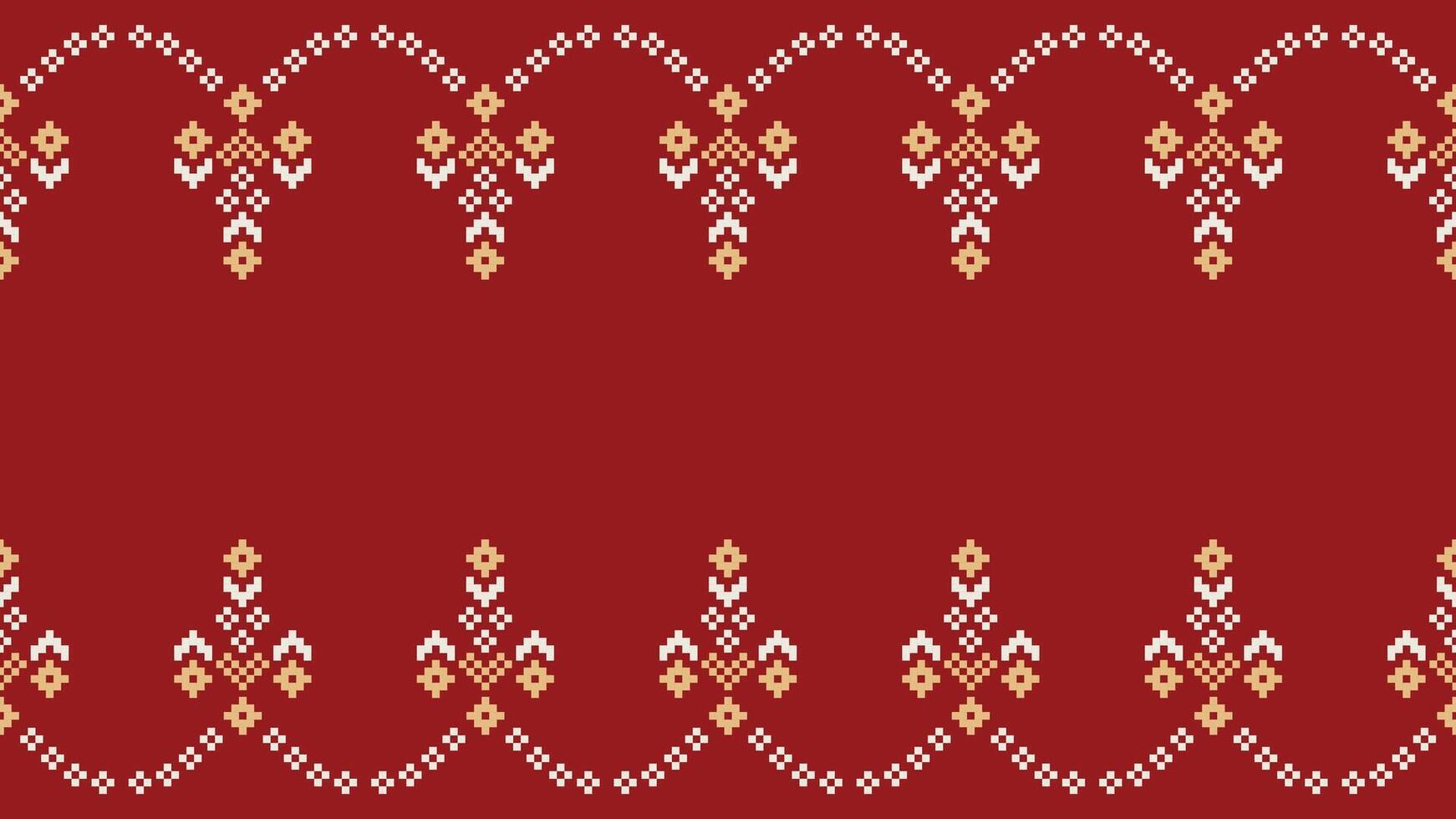 Traditional ethnic motifs ikat geometric fabric pattern cross stitch.Ikat embroidery Ethnic oriental Pixel red background. Abstract,vector,illustration. Texture,christmas,decoration,wallpaper. vector
