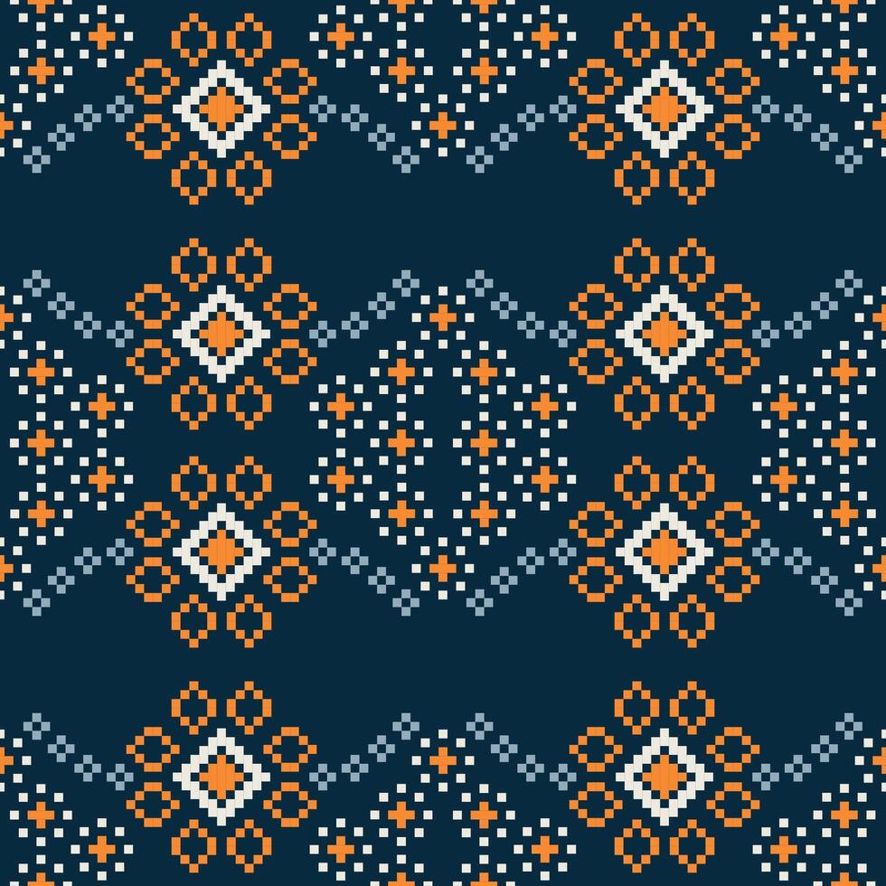 Traditional ethnic motifs ikat geometric fabric pattern cross stitch.Ikat embroidery Ethnic oriental Pixel navy blue background. Abstract,vector,illustration. Texture,scarf,decoration,wallpaper. vector