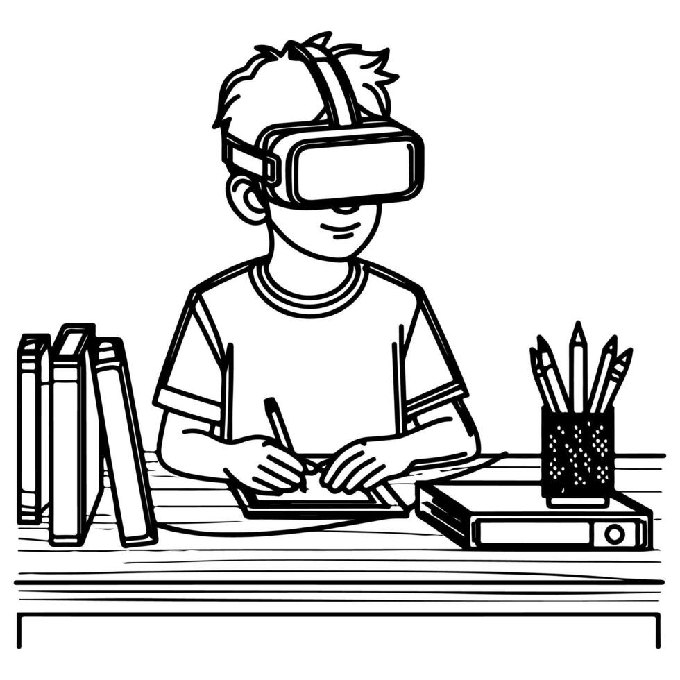 single continuous drawing black line art linear boy using virtual reality headset simulator glasses to learn new technology vector