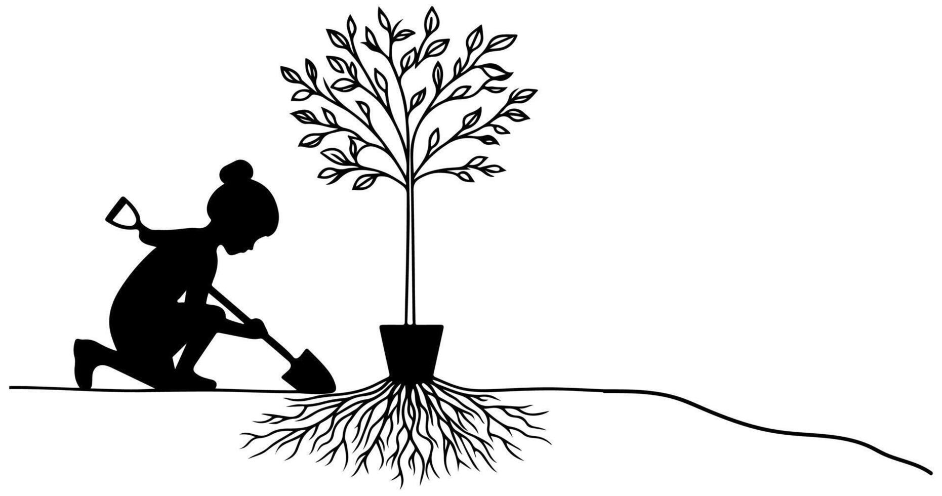 Continuous one black line art drawing Silhouette of children planting tree. Shovel digs roots plant into ground to save the world and earth day reduce global warming growth vector