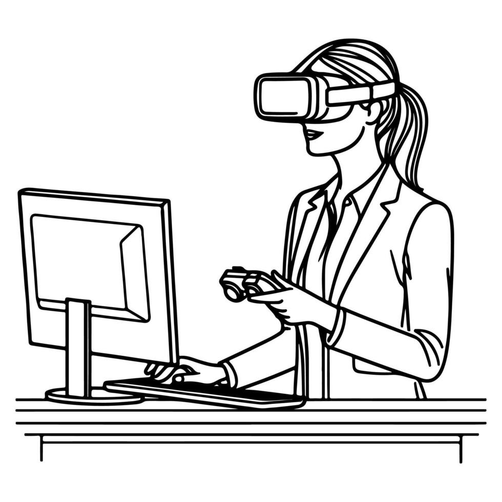 single continuous drawing black line art linear woman in office using virtual reality headset simulator glasses with computer doodle style sketch vector