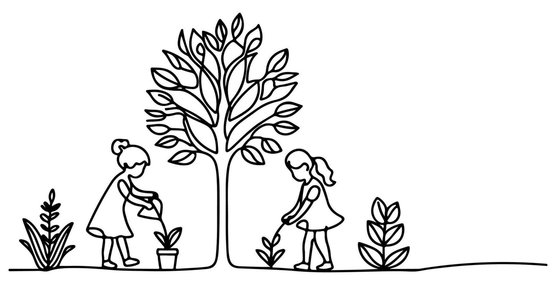 Continuous one black line art drawing Silhouette of children planting tree. Shovel digs roots plant into ground to save the world and earth day reduce global warming growth vector