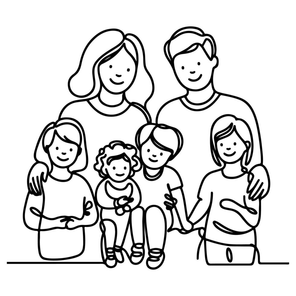 Continuous one black line art drawing happy family father and mother with child doodles style vector illustration on white