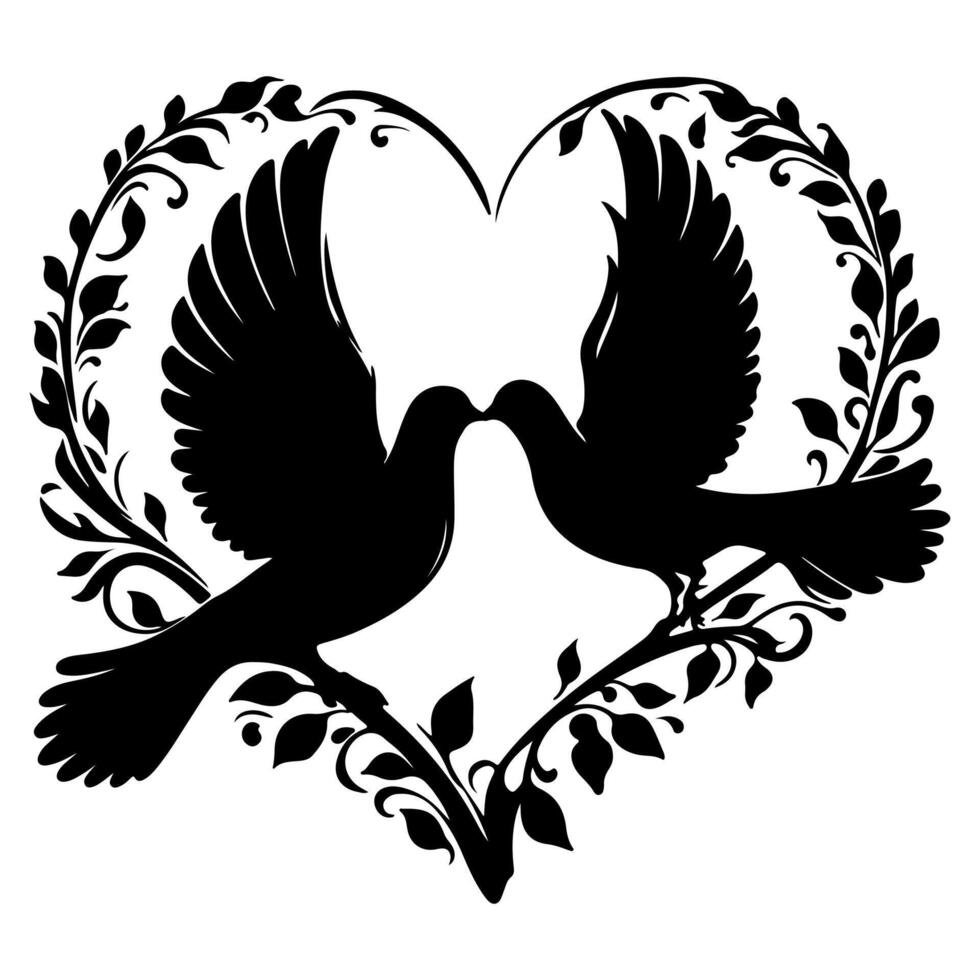 Birds fly to make a heart shape of love. hand drawing birth silhouette black outline art isolated on white background, vector illustration