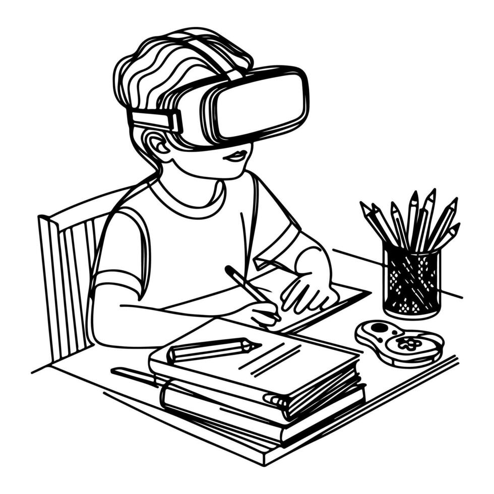 single continuous drawing black line art linear boy using virtual reality headset simulator glasses to learn new technology vector