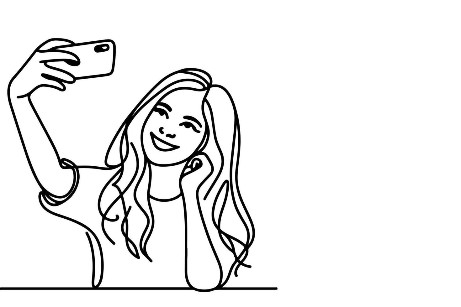 continuous one black line art drawing cheerful young girl holding smartphone to taking acting selfie or video call through mobile phone outline doodle vector family travel concept