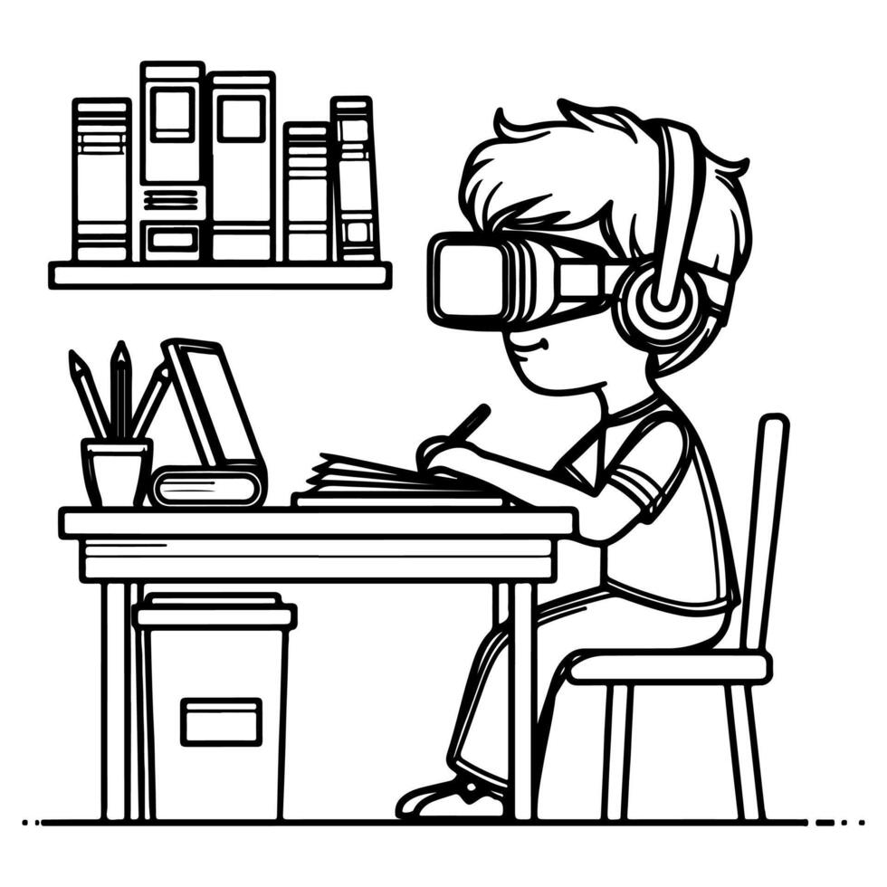 single continuous drawing black line art linear boy using virtual reality headset simulator glasses to learn new technology vector