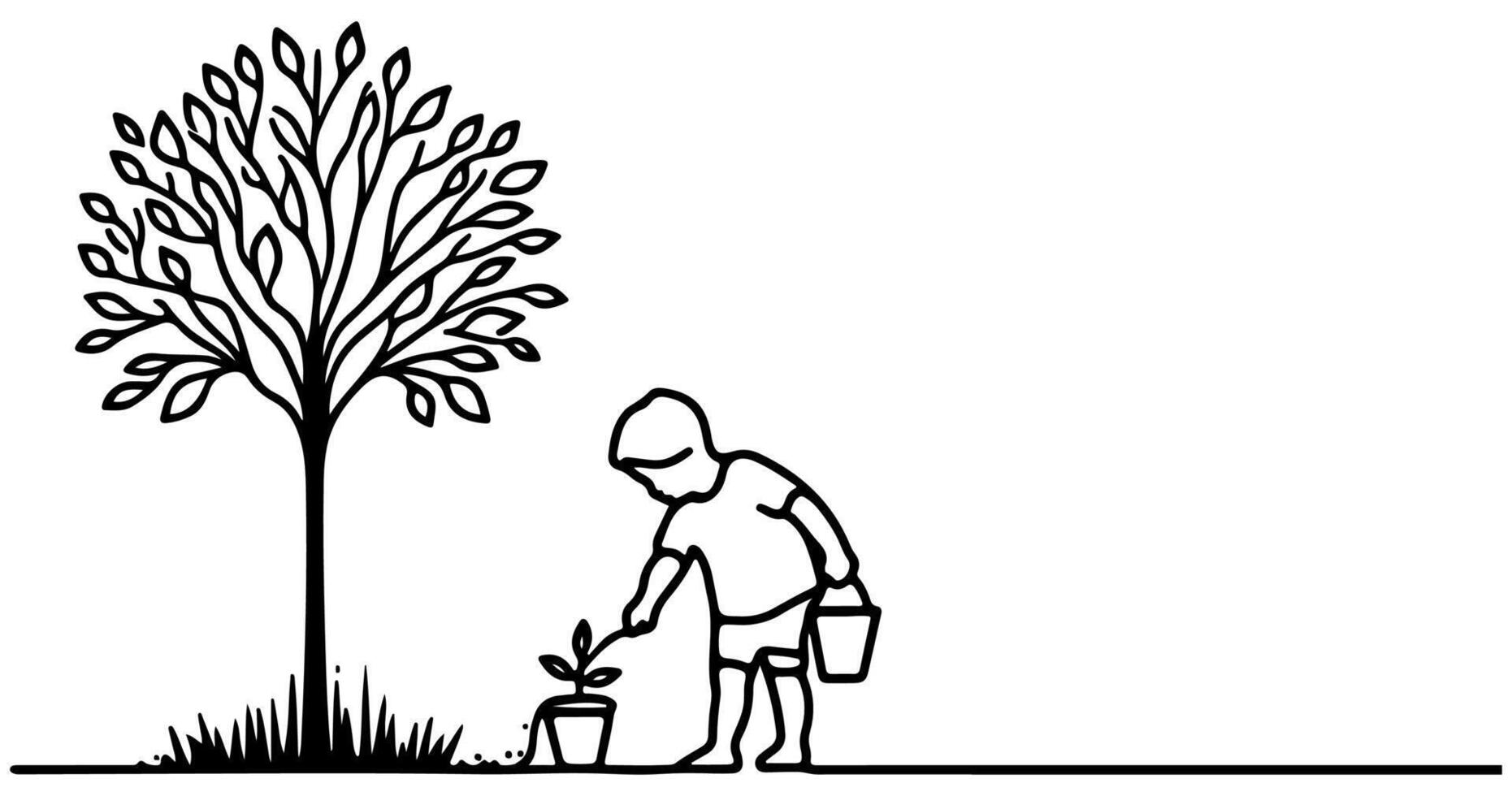 Continuous one black line art drawing Silhouette of children planting tree. Shovel digs roots plant into ground to save the world and earth day reduce global warming growth vector