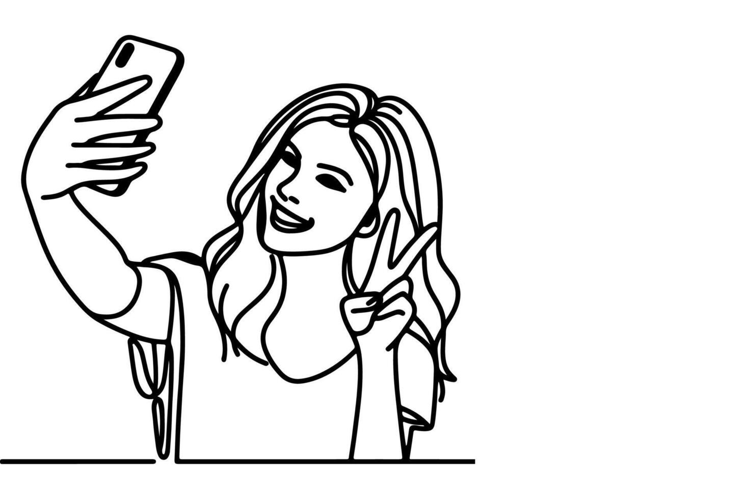 continuous one black line art drawing cheerful young girl holding smartphone to taking acting selfie or video call through mobile phone outline doodle vector family travel concept