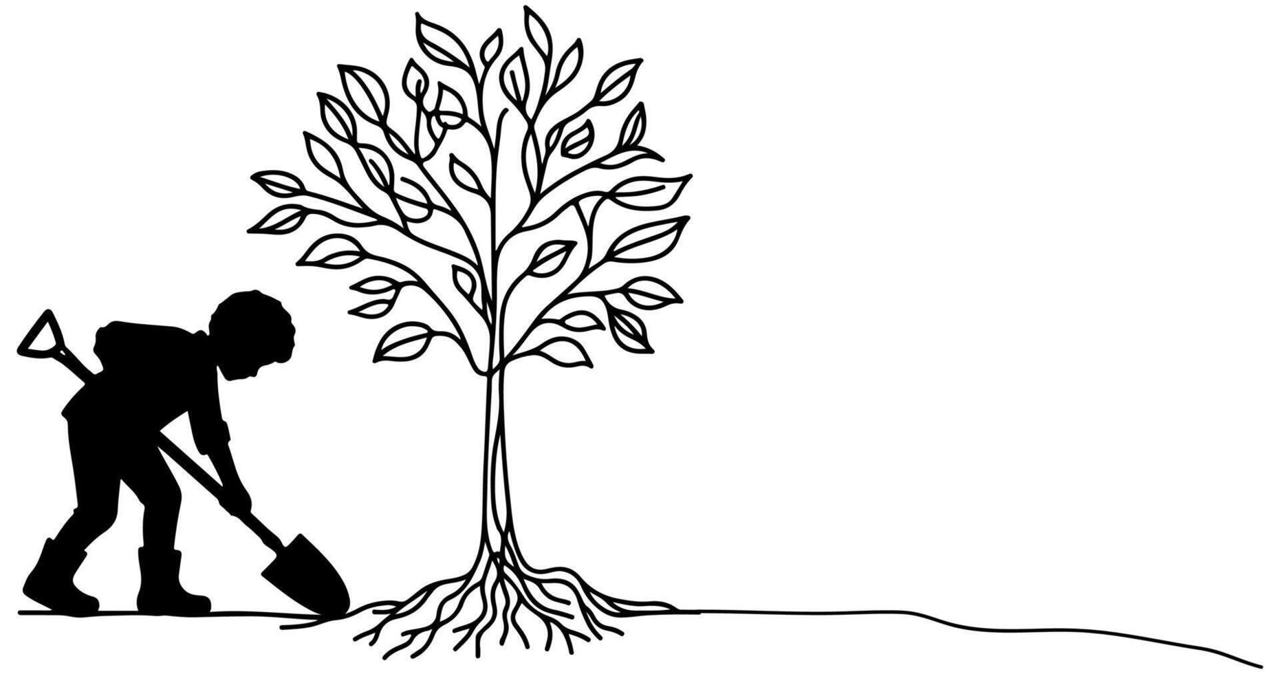 Continuous one black line art drawing Silhouette of children planting tree. Shovel digs roots plant into ground to save the world and earth day reduce global warming growth vector