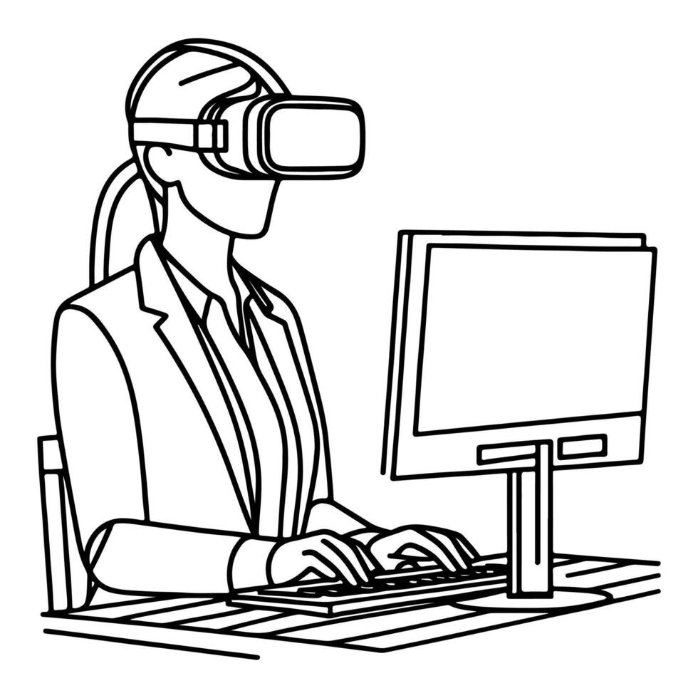 single continuous drawing black line art linear woman in office using virtual reality headset simulator glasses with computer doodle style sketch vector