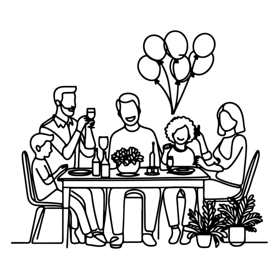 soltero continuo dibujo negro línea familia cena sentado a mesa a celebracion aniversario contento cumpleaños fiesta garabatos vector