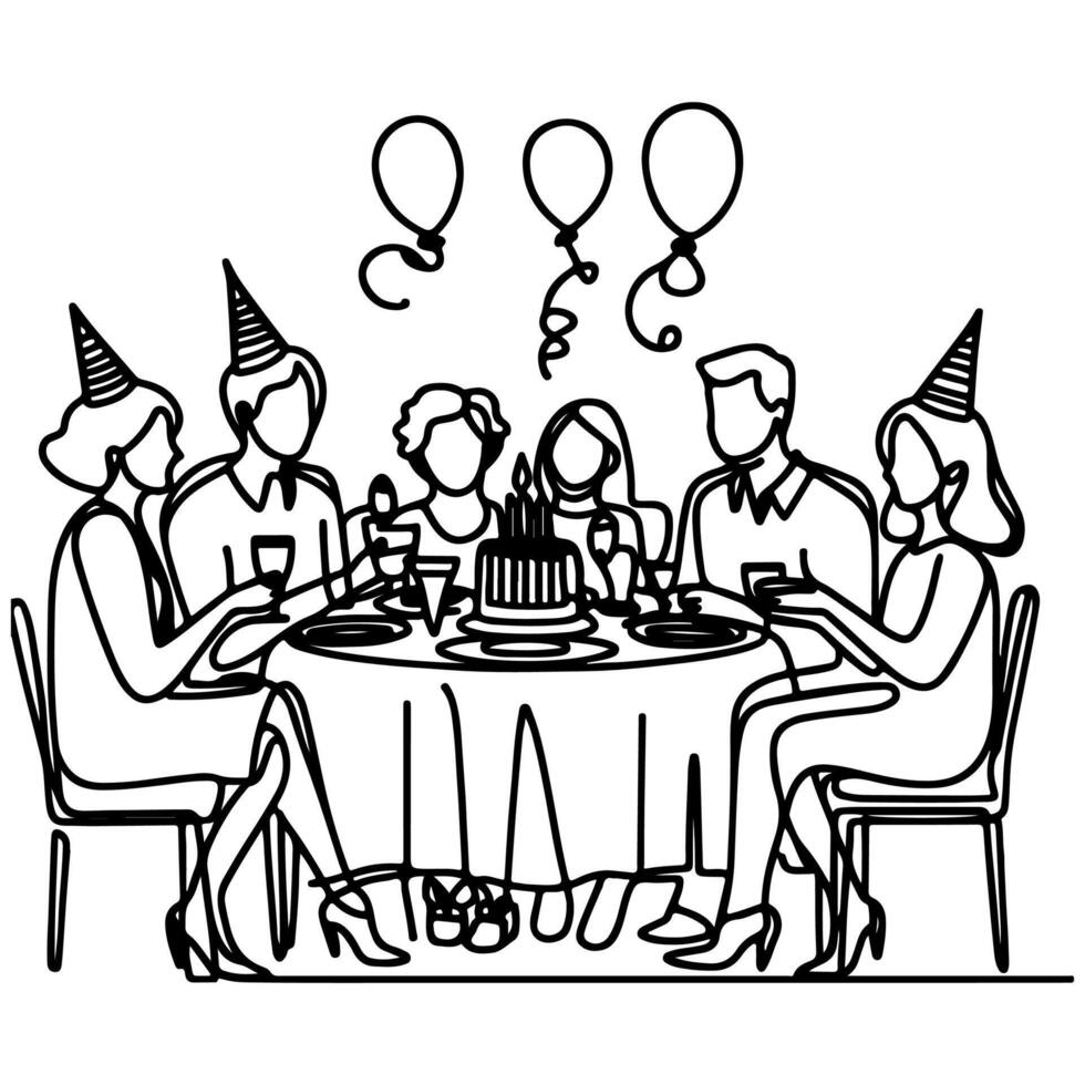 single continuous drawing black line family dinner sitting at table to celebration anniversary birthday party doodles vector