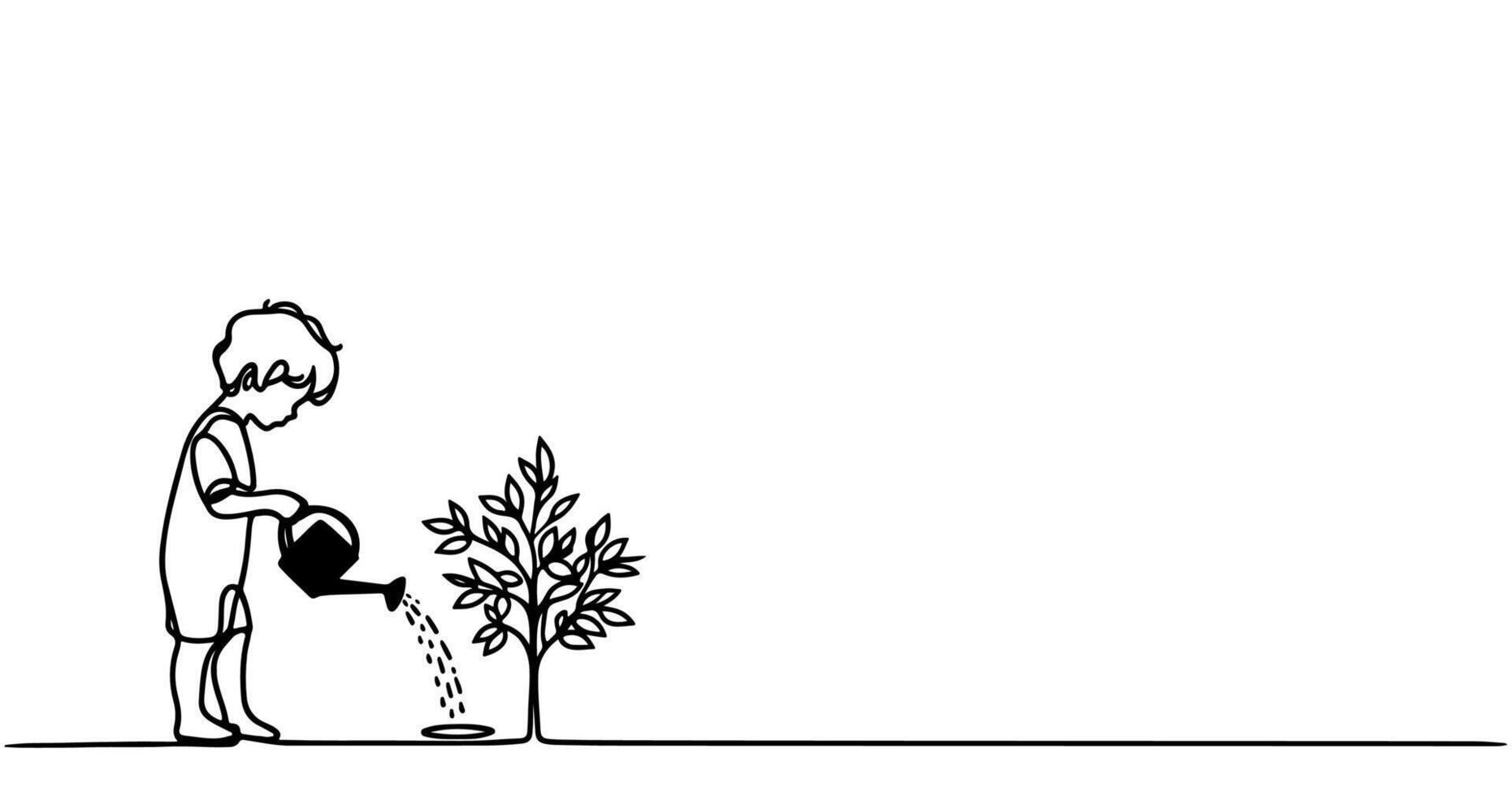 continuo uno negro línea Arte dibujo silueta de niños riego un árbol. plantando árbol a salvar el mundo y tierra día reducir global calentamiento crecimiento concepto vector ilustración en blanco antecedentes