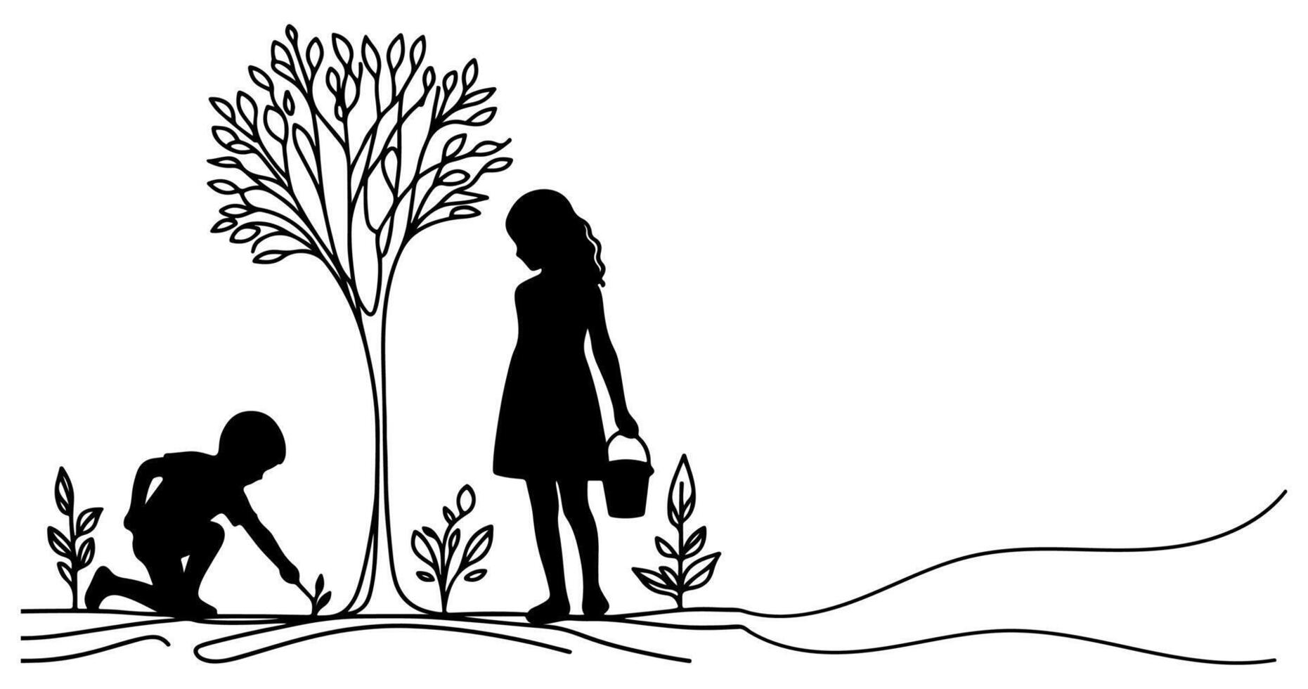 Continuous one black line art drawing Silhouette of children planting tree. Shovel digs roots plant into ground to save the world and earth day reduce global warming growth vector