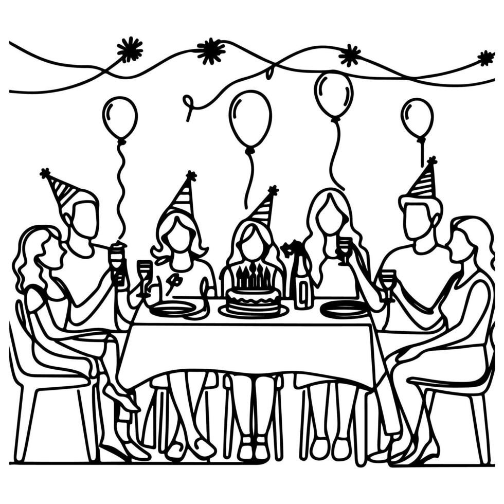 single continuous drawing black line family dinner sitting at table to celebration anniversary birthday party doodles vector