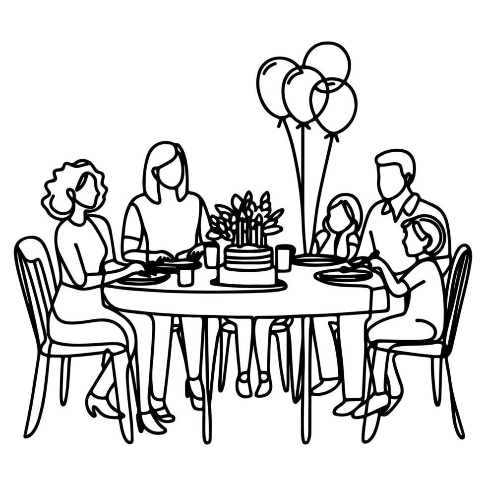 single continuous drawing black line family dinner sitting at table to celebration anniversary happy birthday party doodles vector