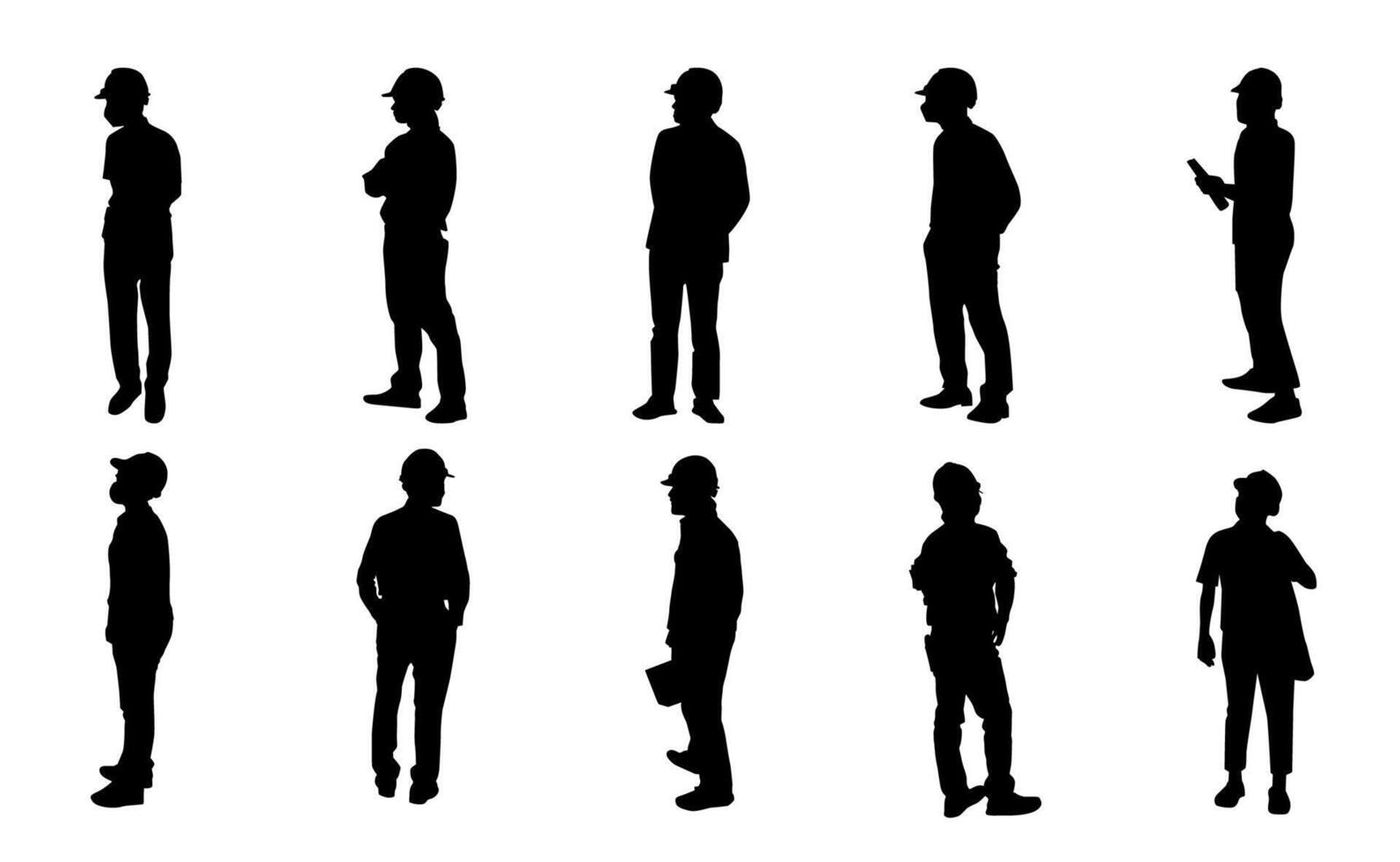 Construction engineer silhouette, Architect man and woman labor standing, Vector set supervisor working