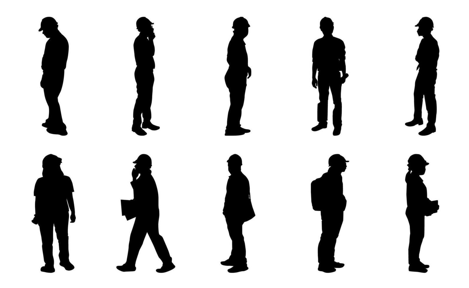 Construction engineer silhouette, Architect man and woman shadow action, Vector group manager standing on white background