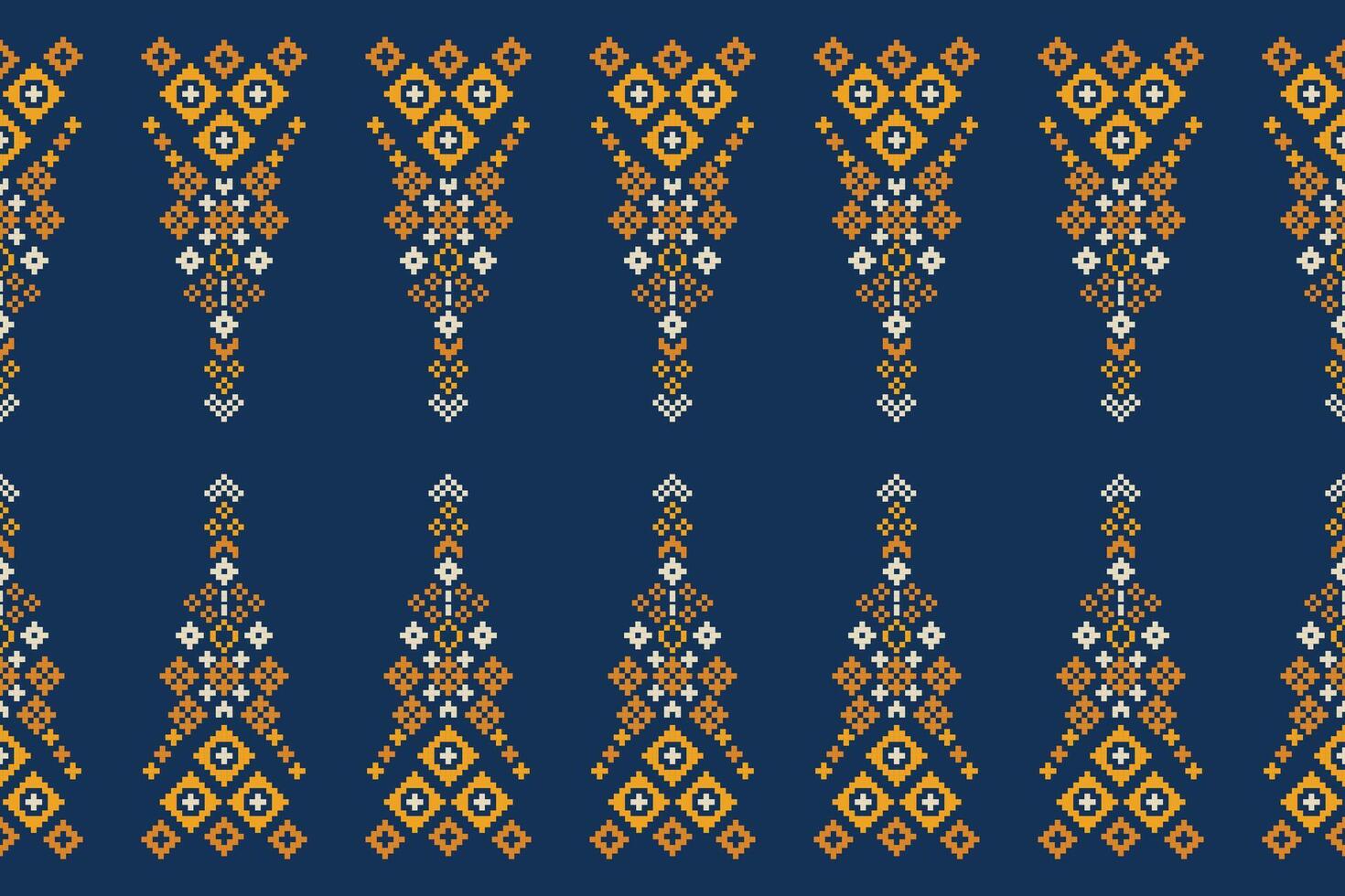 Traditional ethnic motifs ikat geometric fabric pattern cross stitch.Ikat embroidery Ethnic oriental Pixel navy blue background. Abstract,vector,illustration. Texture,scarf,decoration,wallpaper. vector