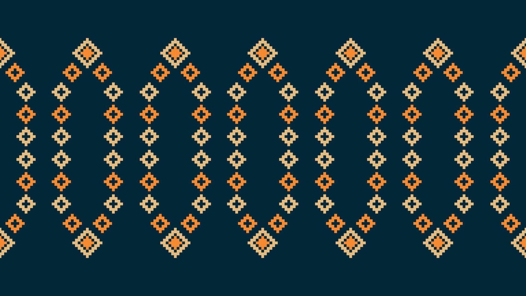 Traditional ethnic motifs ikat geometric fabric pattern cross stitch.Ikat embroidery Ethnic oriental Pixel navy blue background. Abstract,vector,illustration. Texture,scarf,decoration,wallpaper. vector