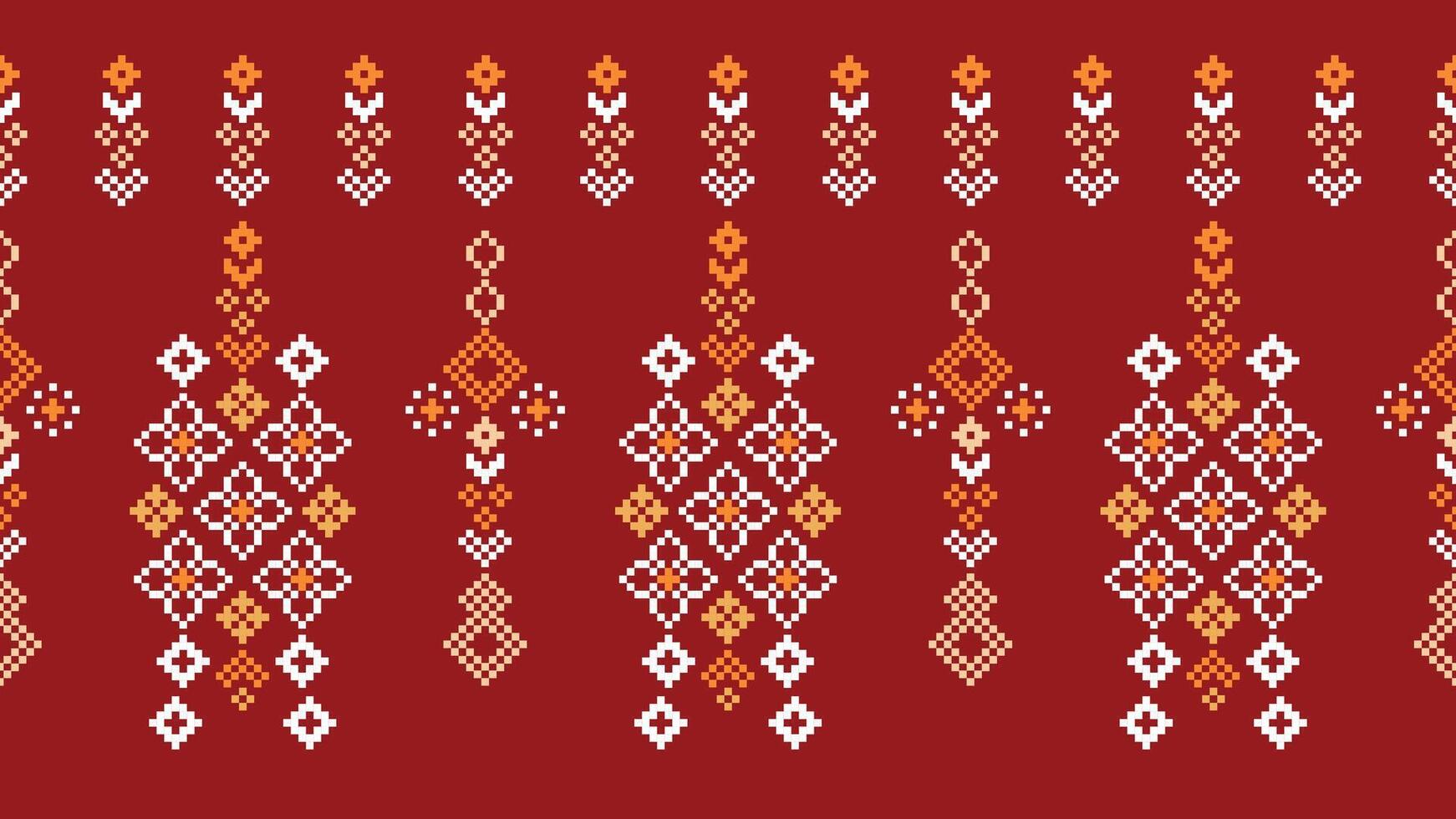 Traditional ethnic motifs ikat geometric fabric pattern cross stitch.Ikat embroidery Ethnic oriental Pixel red background. Abstract,vector,illustration. Texture,christmas,decoration,wallpaper. vector