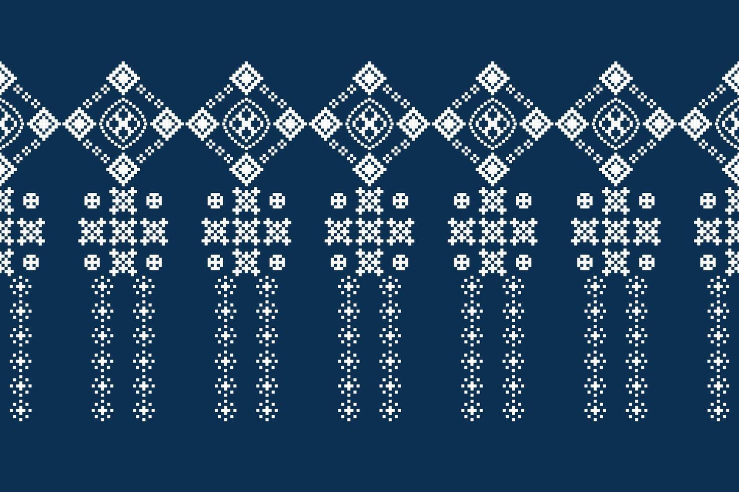 Traditional ethnic motifs ikat geometric fabric pattern cross stitch.Ikat embroidery Ethnic oriental Pixel navy blue background. Abstract,vector,illustration. Texture,scarf,decoration,wallpaper. vector