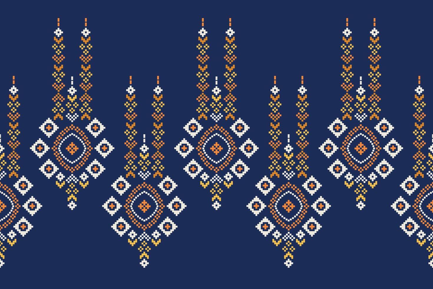 Traditional ethnic motifs ikat geometric fabric pattern cross stitch.Ikat embroidery Ethnic oriental Pixel navy blue background. Abstract,vector,illustration. Texture,scarf,decoration,wallpaper. vector
