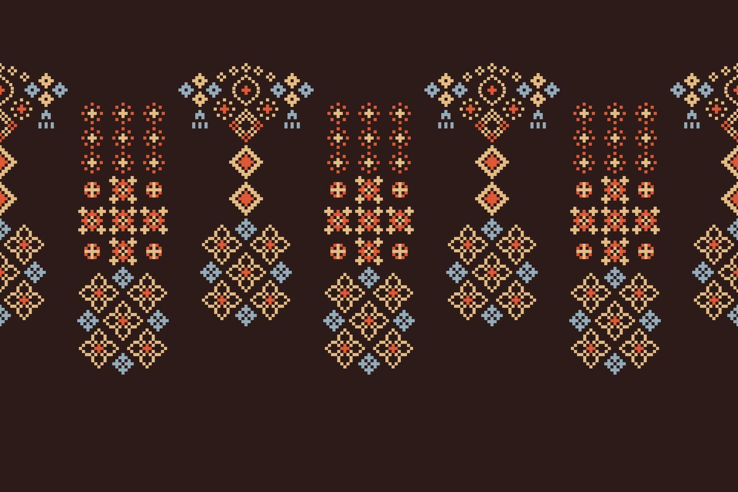 Traditional ethnic motifs ikat geometric fabric pattern cross stitch.Ikat embroidery Ethnic oriental Pixel brown background. Abstract,vector,illustration. Texture,scarf,decoration,wallpaper. vector