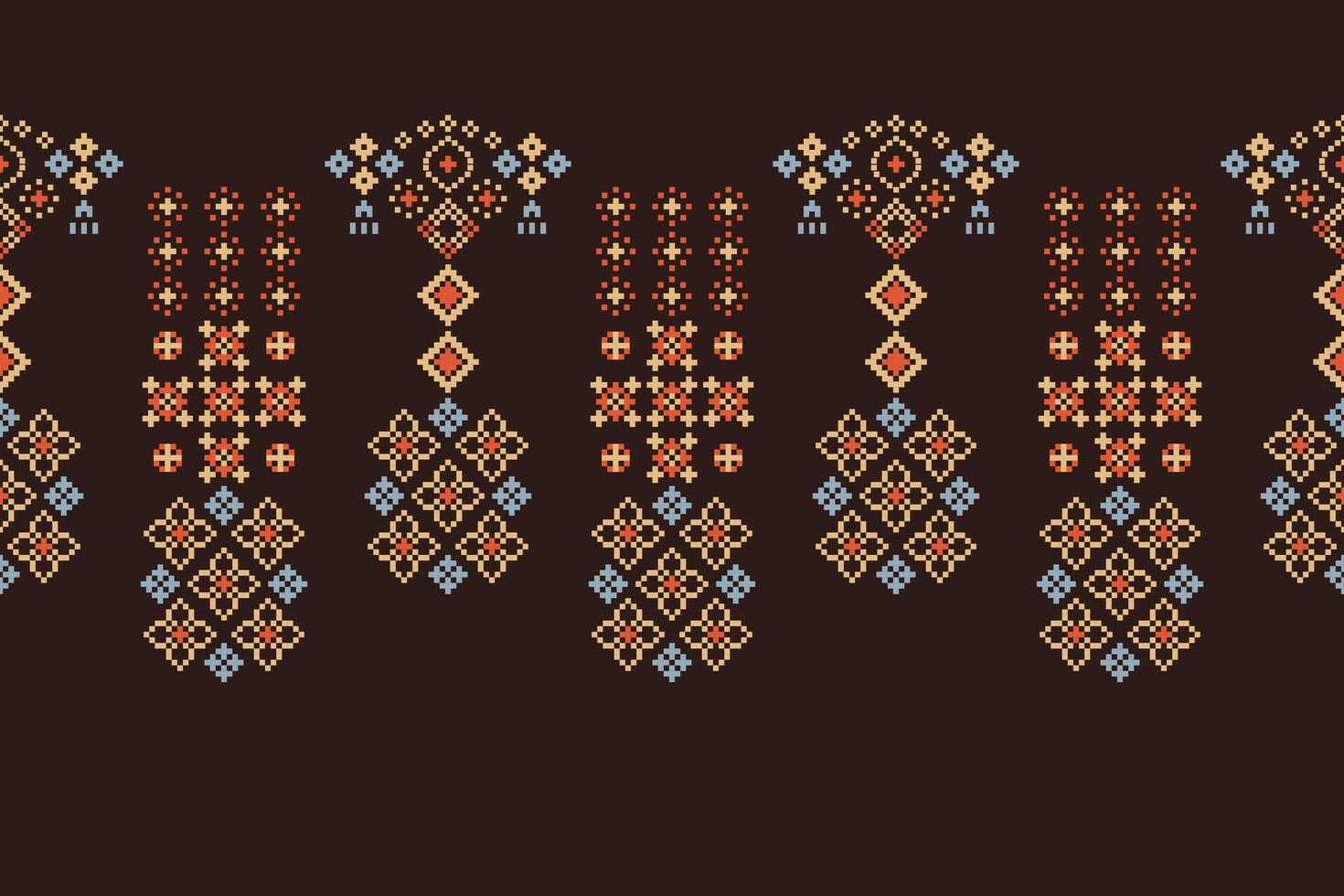 Traditional ethnic motifs ikat geometric fabric pattern cross stitch.Ikat embroidery Ethnic oriental Pixel brown background. Abstract,vector,illustration. Texture,scarf,decoration,wallpaper. vector