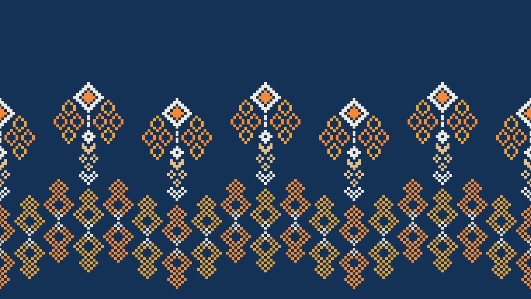 Traditional ethnic motifs ikat geometric fabric pattern cross stitch.Ikat embroidery Ethnic oriental Pixel navy blue background. Abstract,vector,illustration. Texture,scarf,decoration,wallpaper. vector