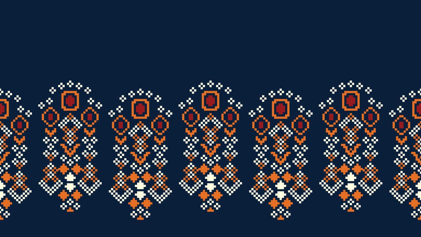 Traditional ethnic motifs ikat geometric fabric pattern cross stitch.Ikat embroidery Ethnic oriental Pixel navy blue background. Abstract,vector,illustration. Texture,scarf,decoration,wallpaper. vector