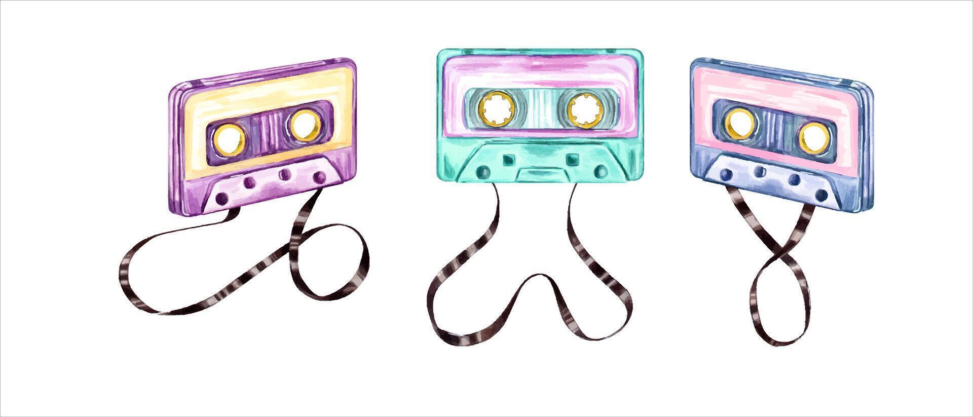 Retro audio Cassettes with tape. Brown magnetic tapes. Vintage multicolored compact Cassettes. Musical devices. Music, sound, playlist, audio equipment. Watercolor illustration vector