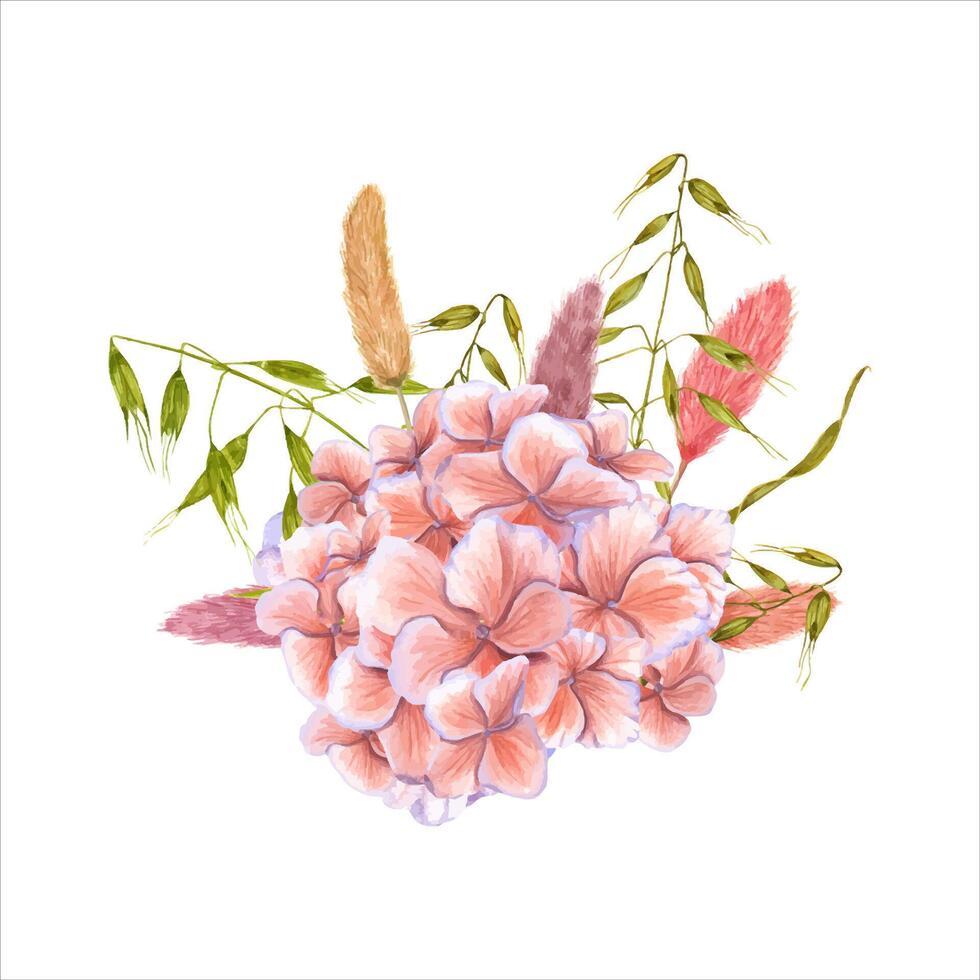 Floral composition of hydrangea, dried lagurus, wild oats. Watercolor illustration of flower, greenery. vector