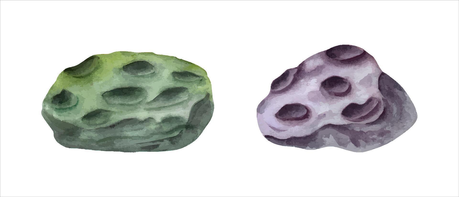 Two stones with small craters. Green and violet polyps or volcanos. Meteorite, asteroid. Watercolor illustration. For clipart, aquarium design, cosmos posters, design. vector