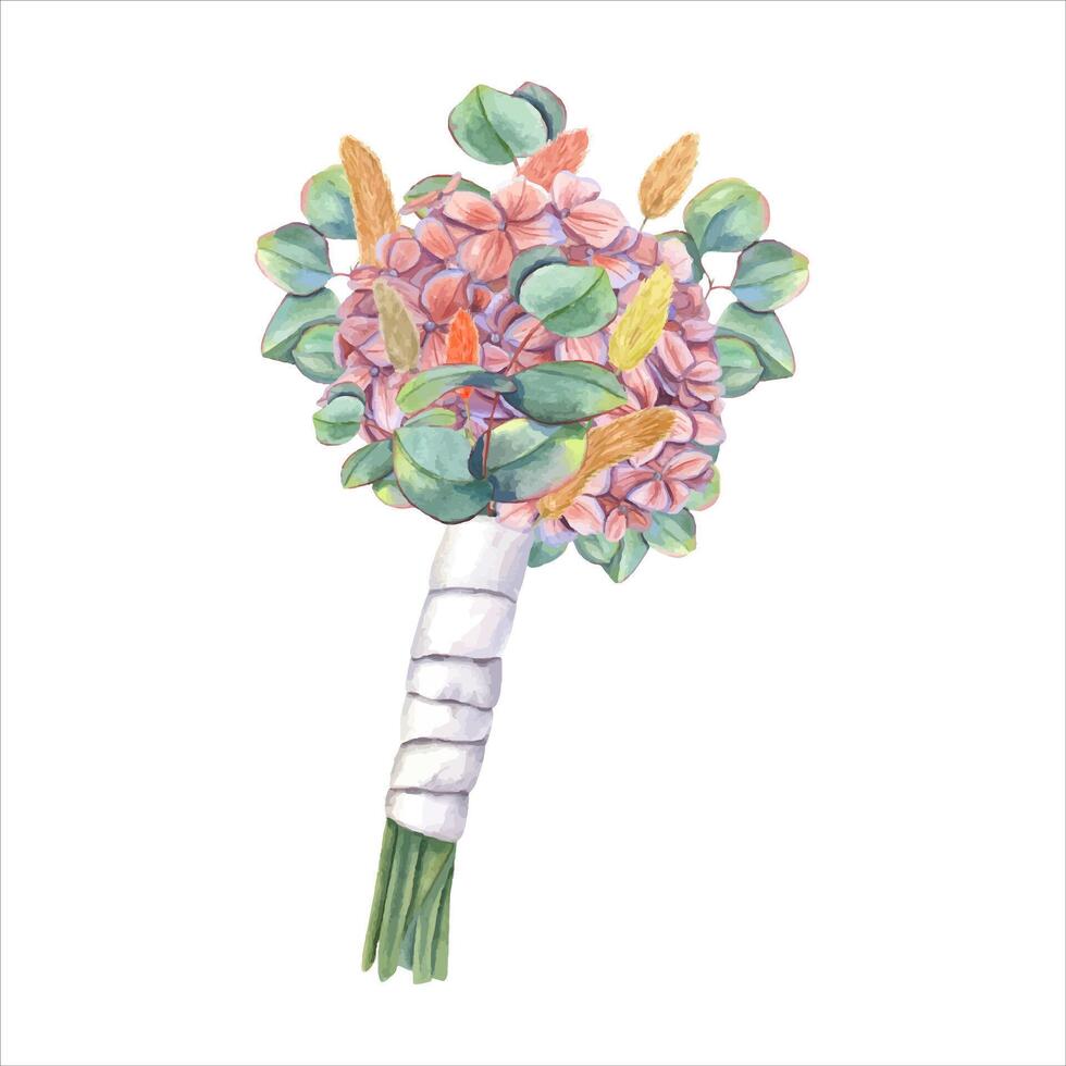 Floral bouquet of hydrangea, eucalyptus, lagurus with white satin ribbon. Watercolor composition vector