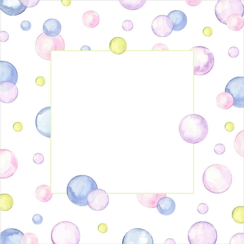 Square greeting card for any holiday or party. Circle in soft pastel colors. Splashes, polka dot, bubbles, round doodle spots, brush strokes, stains. Watercolor illustration. vector
