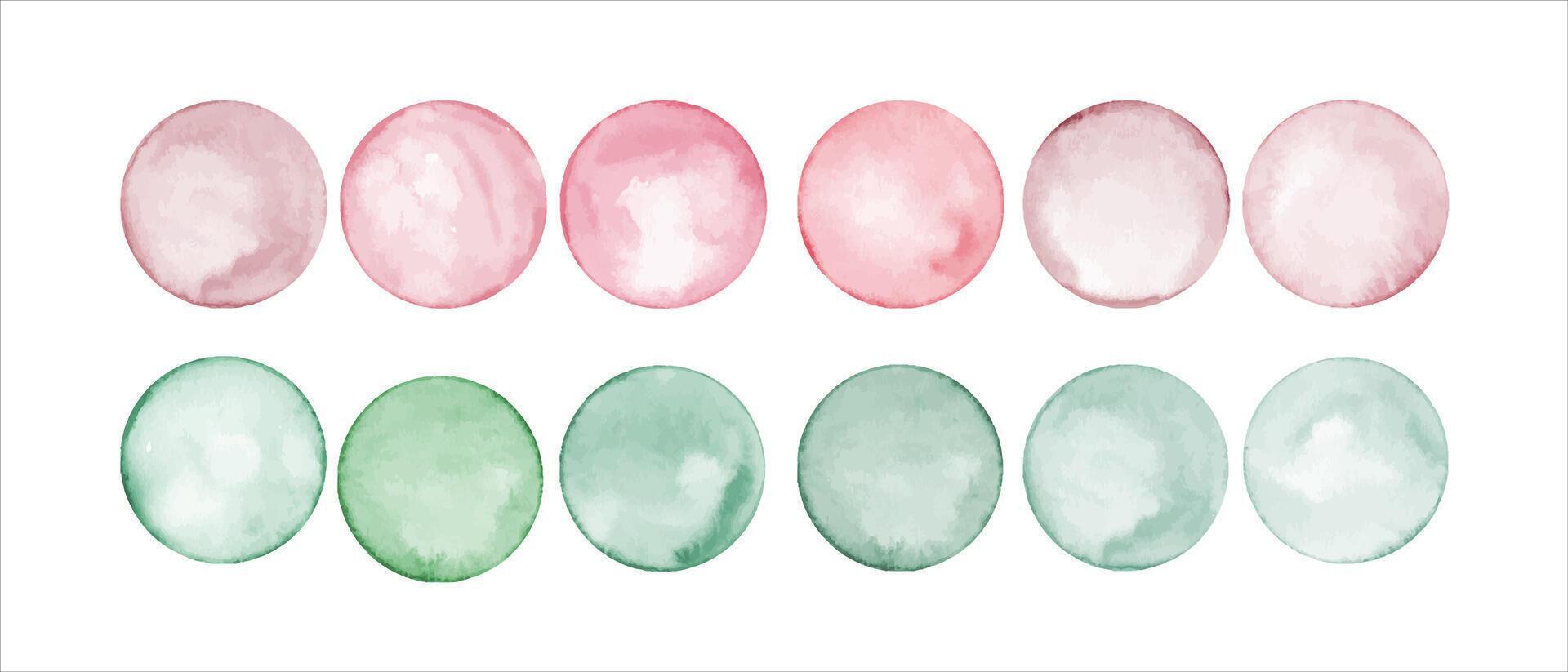 Set of watercolor pink, green polka dots. Circle in soft pastel colors. Creative minimalist style. Splashes, bubbles, round doodle spots, brush strokes, stains. Hand drawn illustration vector