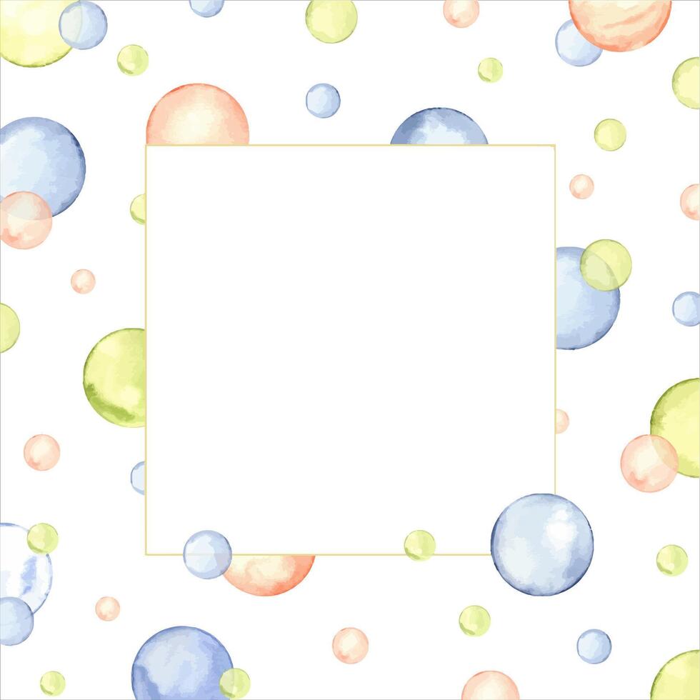 Simple frame design, greeting card with multicolored circles. Splashes, bubbles, round doodle spots, brush strokes, stains. Watercolor illustration. vector